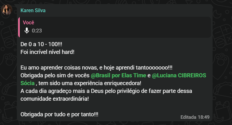 Depoimento de Karen Silva sobre a experiência com a Brasil por Elas
